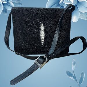 River Genuine Black White Stingray Leather Flap Clutch Crossbody Bag, NWT
